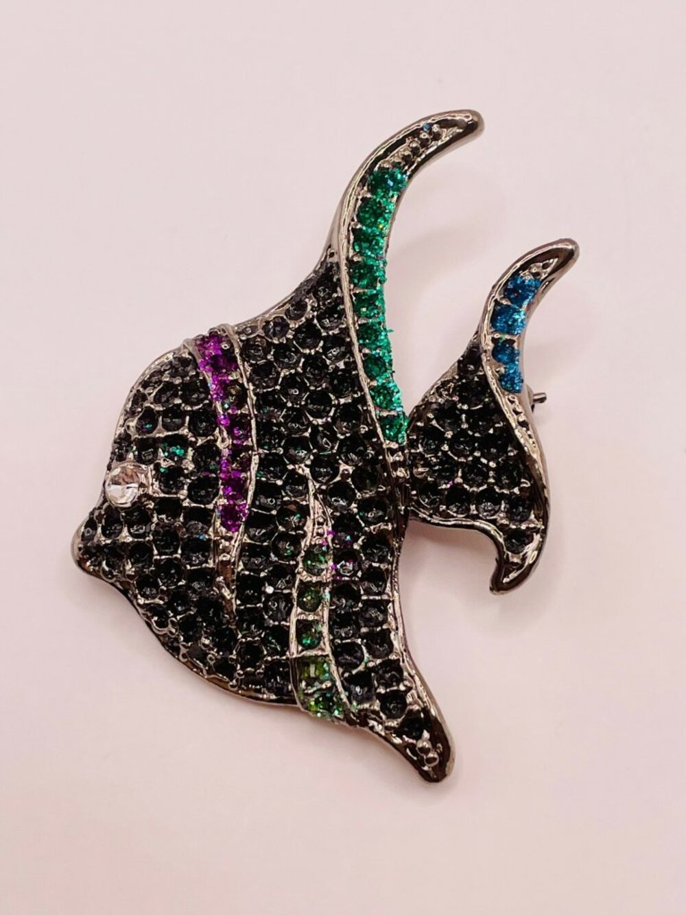 Tropical Fish Rhinestone Brooch Pin Multicolor Crystals & Silver-Tone -87B